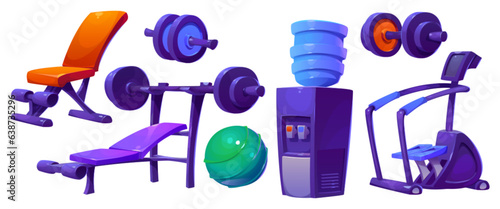 Cartoon set of sport gym equipment isolated on white background. Vector illustration of barbell bench, stepper machine, dumbbell, fitball, cooler with drinking water. Fitness center design elements