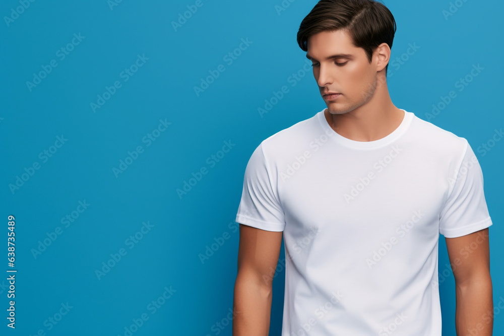 casual Mockup empty, blank white t shirt, young man wearing a white t shirt, plain light blue background casual Mockup empty, blank white t shirt, young man wearing a white t shirt, plain light blue background