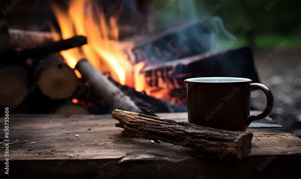 Enamel cup of hot steaming coffee sitting on an old log Enamel cup of hot steaming coffee sitting on an old log