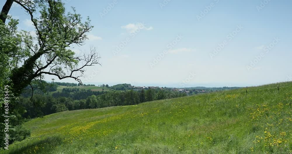 Schwarzwaldlandschaft. Wanderung rund um Raitbach (Schopfheim). Ebene und den Feldern zwischen Raitbach und Sattelhofweg. Blick auf das Dorf Kürnberg