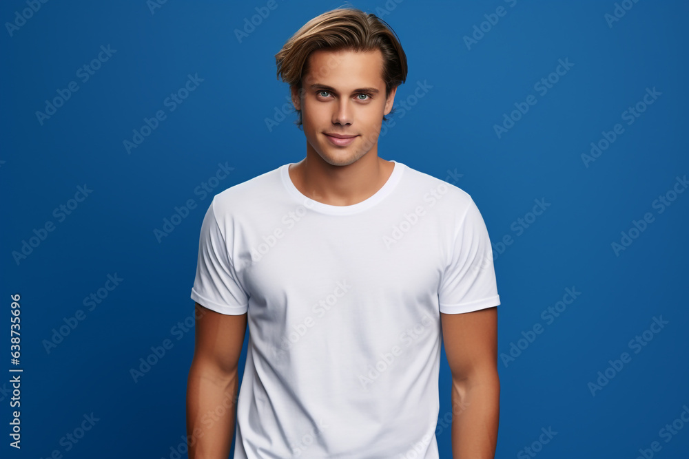 a young man confidently showcasing a Bella Canvas Classic White T - shirt mockup against a deep blue background a young man confidently showcasing a Bella Canvas Classic White T - shirt mockup against a deep blue background