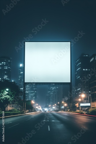 Blank billboard on light trails. Street and urban in the night. Can advertisement for display or montage product or business