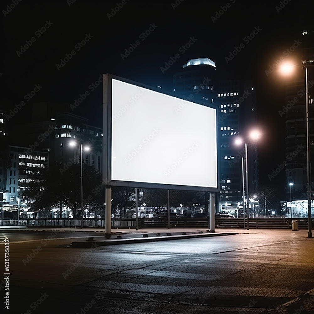 Blank billboard on light trails. Street and urban in the night. Can advertisement for display or montage product or business Blank billboard on light trails. Street and urban in the night. Can advertisement for display or montage product or business