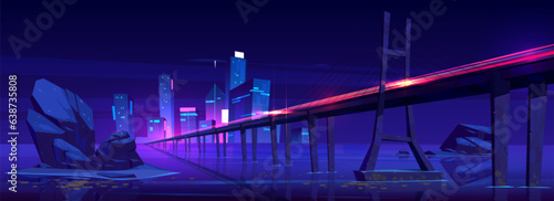 Neon city light and speed bridge road above sea. Cityscape with water landscape. Motion line on highway in metaverse. Speedway laser track movement to futuristic bright urban skyline illustration.