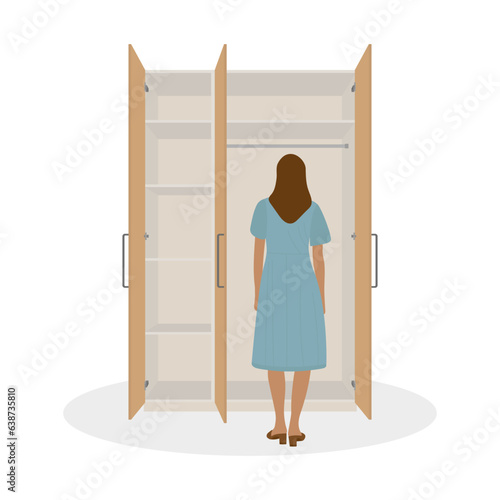 Female character in a dress stands in front of an empty wardrobe on a white background