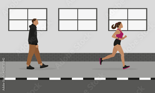 Female character in sportswear running on the sidewalk and the male character is walking along the sidewalk