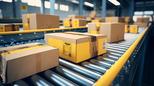 Closeup of multiple cardboard box packages seamlessly moving along a conveyor belt in a warehouse fulfillment center, a snapshot of e-commerce, delivery, automation, and products. Generative ai © Mickael