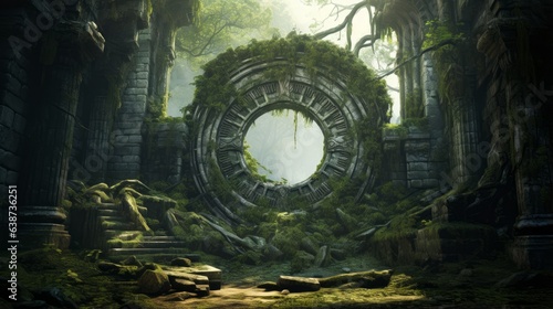 Mystical portal opening in a forgotten ruins  chamber   generative ai