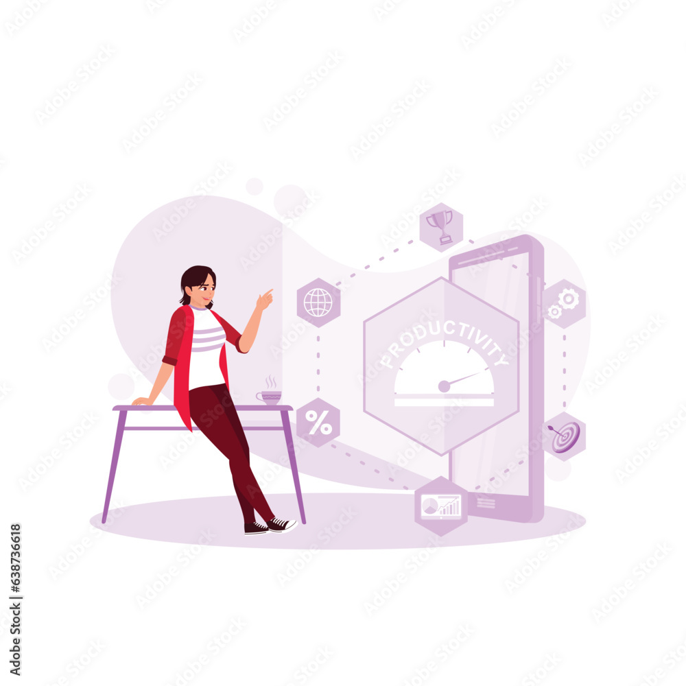 Woman touching productivity concept on the touch screen. Human resources concept. Trend Modern vector flat illustration