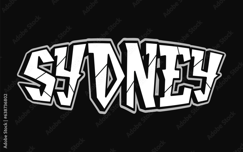Sydney city - single word, letters graffiti style. Vector hand drawn logo. Funny cool trippy word Sydney town, fashion, graffiti style print t-shirt, poster concept Sydney city - single word, letters graffiti style. Vector hand drawn logo. Funny cool trippy word Sydney town, fashion, graffiti style print t-shirt, poster concept