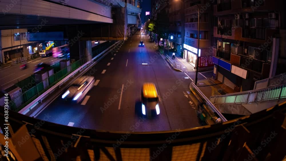 A night timelapse of the traffic jam at the city street in Tokyo fish eye shot A night timelapse of the traffic jam at the city street in Tokyo fish eye shot
