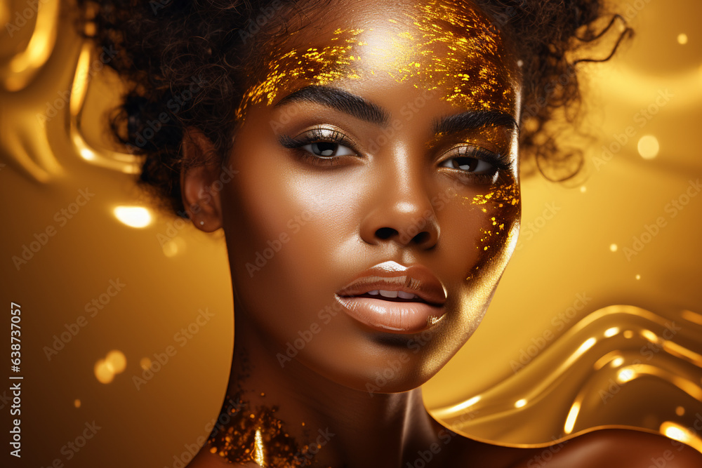 Beautiful black woman portrait with golden face serum molecular structure