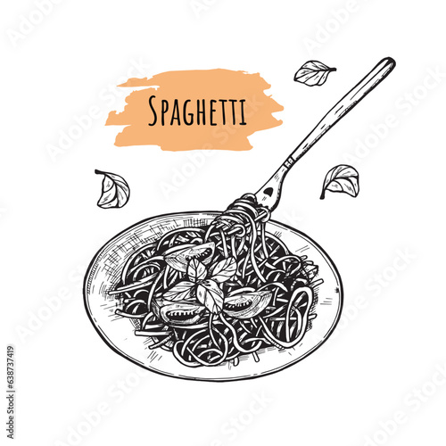 spaghetti on plates vector sketch. pasta on a fork vector drawing