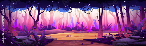 Natural landscape with lake or river in forest. Fantasy cartoon vector water pond or swamp with pink and purple trees, bushes and grass on banks. Magical woods scene with glowing plants or fireflies.