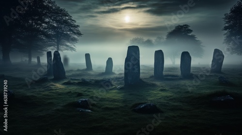 Eerie mist engulfing an ancient stone circle of power   generative ai
