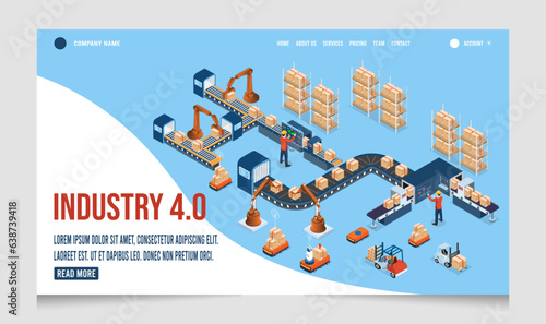 3D isometric Industry 4.0 concept with Automation, Connection, Cloud computing, Iot, Big Data, and System Integration. Eps10 vector illustration