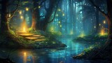 Enchanted forest at twilight with glowing fireflies | generative ai