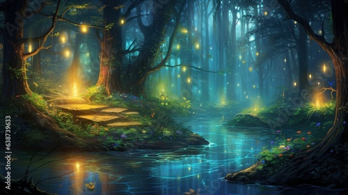 Enchanted forest at twilight with glowing fireflies   generative ai