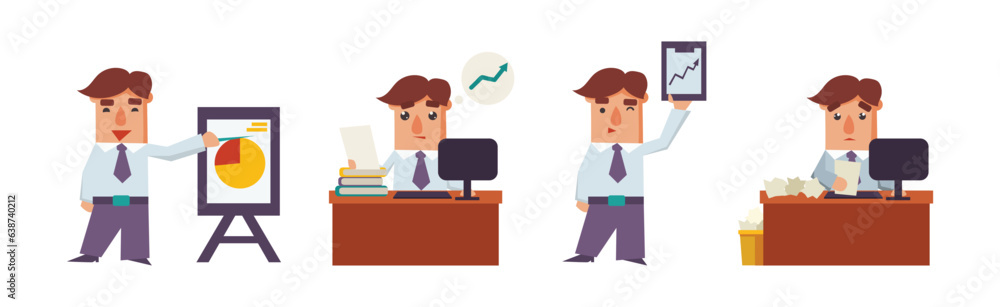 Office Worker Man Character in Formal Suit Vector Set Office Worker Man Character in Formal Suit Vector Set