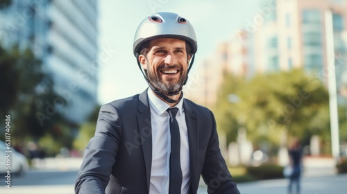 Businessman riding scooter to working business office.