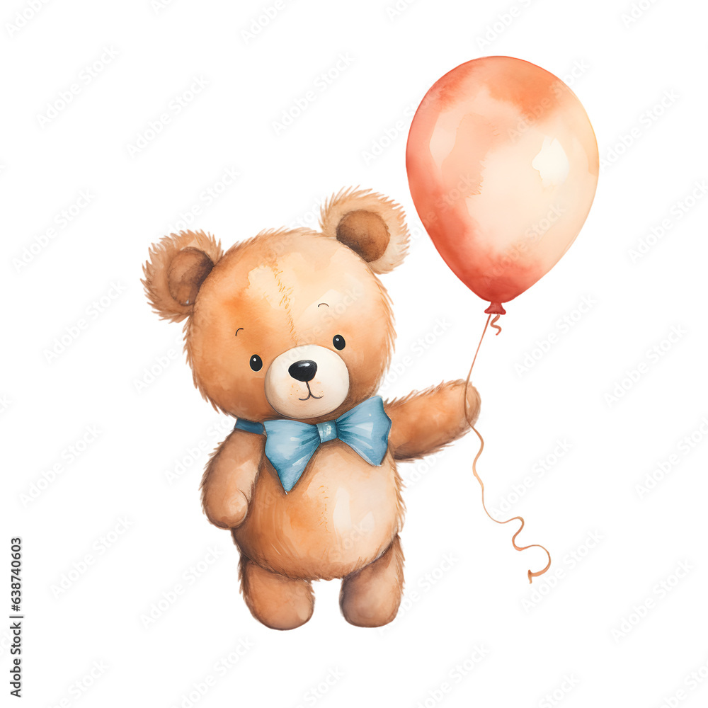 Teddy bear with balloons watercolor illustration isolated on transparent background Teddy bear with balloons watercolor illustration isolated on transparent background