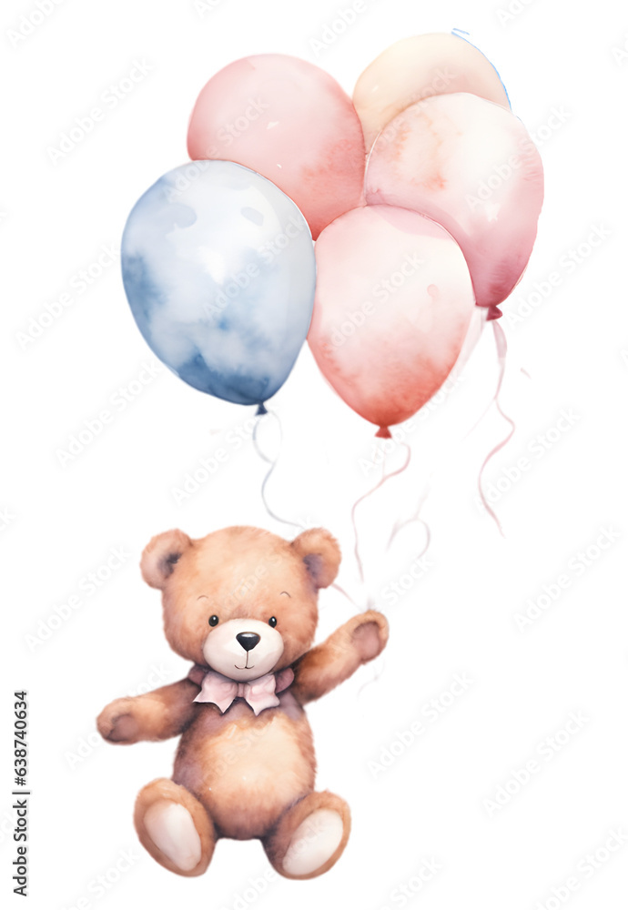 Teddy bear with balloons watercolor illustration isolated on transparent background Teddy bear with balloons watercolor illustration isolated on transparent background