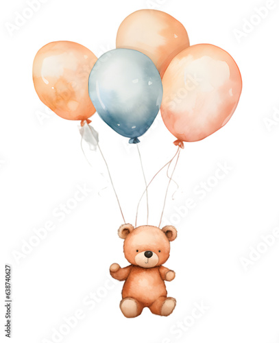 Teddy bear with balloons watercolor illustration isolated on transparent background
