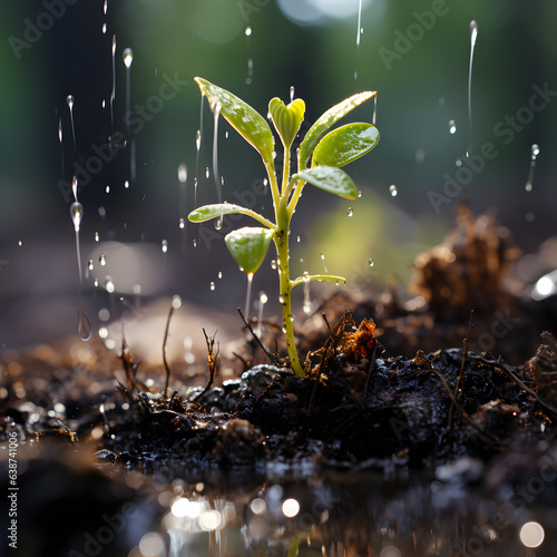 Small plant sprouting from the ground in the rain blurred background
