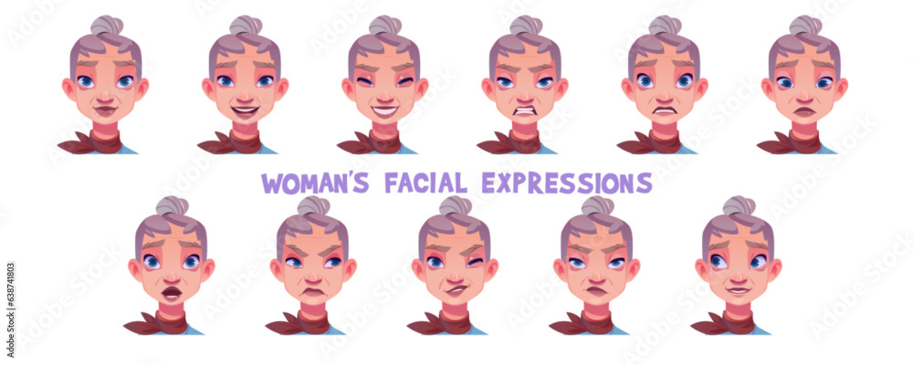 Old woman facial expression cartoon vector set - senior lady face with ...