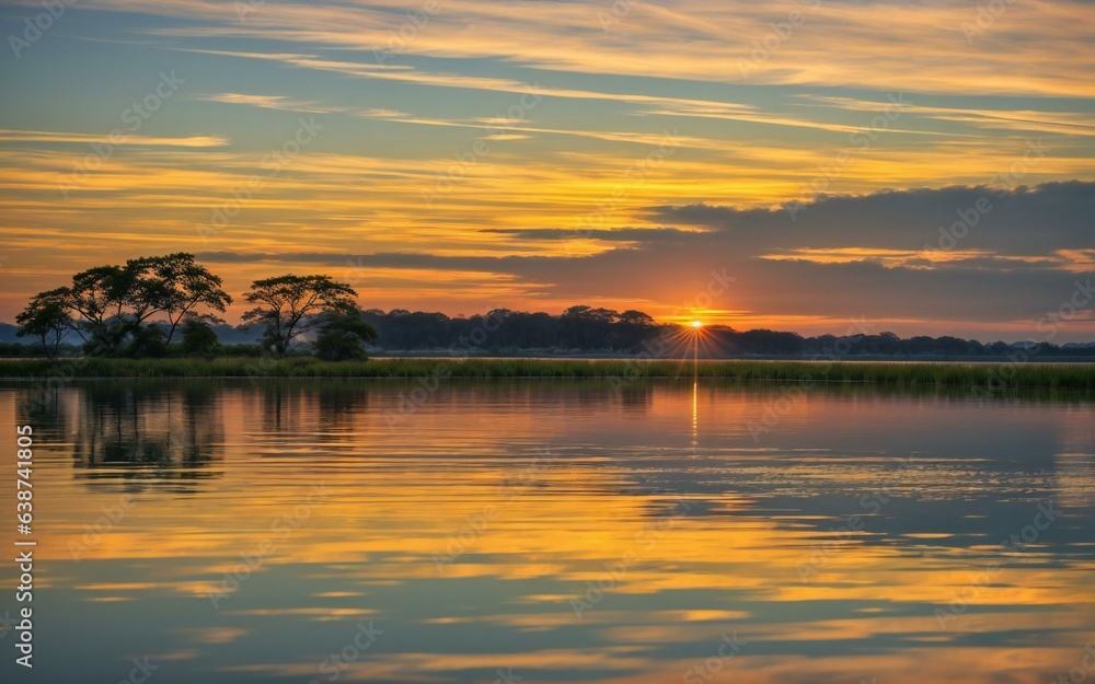 Golden Horizon: Serene Sunset Casting its Glow on Still Waters