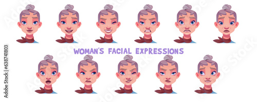 Old woman facial expression cartoon vector set - senior lady face with different emotions. Grandmother avatar with neutral appearance, laughing and angry, embarrassed and surprised, winking eye