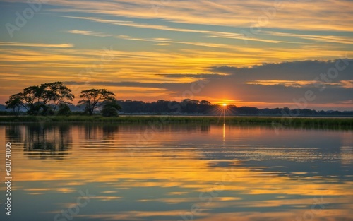 Golden Horizon: Serene Sunset Casting its Glow on Still Waters