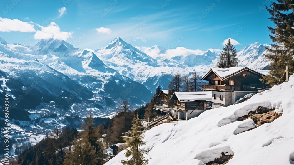 Charming village nestled amidst snow-covered alpine peaks
