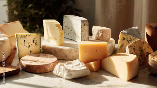 Generative AI, Different types of cheese on the table, aesthetic muted neutral colors