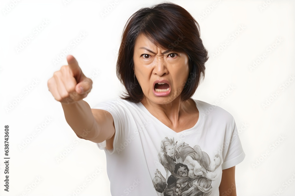 怒っている中年女性　白背景　with generative ai