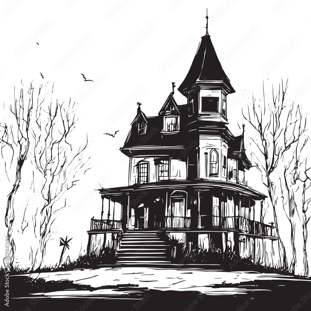 Scary House Silhouette Sketch Mystical House With Monsters And Ghosts 