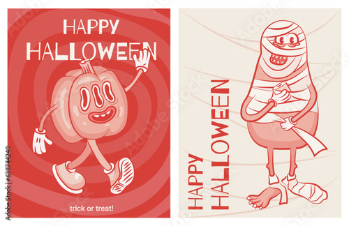 A set of postcards in retro style: a greeting pumpkin, mummy monster. Halloween cards. Red and white, cartoon style, groovy style. Retro style. Vector illustration