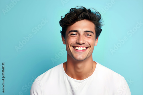 Portrait of a young man smiling at the camera on blue background with copy space for design photo