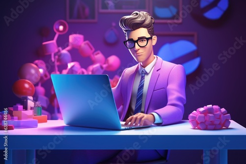3D Render Young Businessman Working with Computer, Handsome Man Character, Freelancer Using Laptop. Generative Ai photo