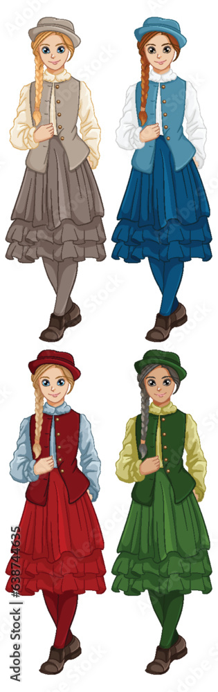 Obraz premium Four Beautiful Women in Vintage Outfits