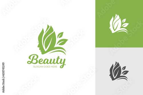 Nature beauty logo with leaf and beautiful women face icon design