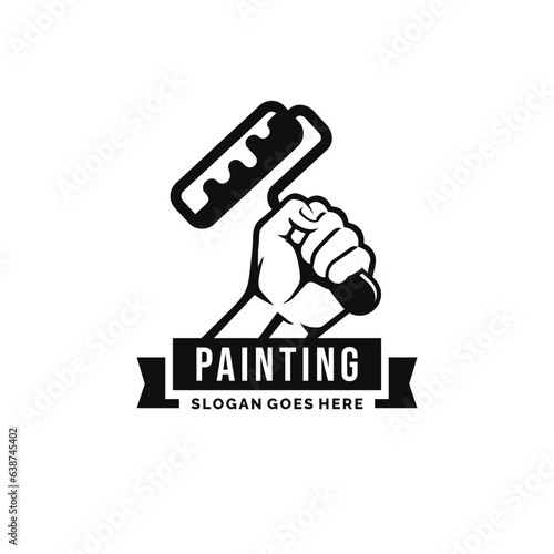 Hand holding paint brush logo design vector. Painting logo