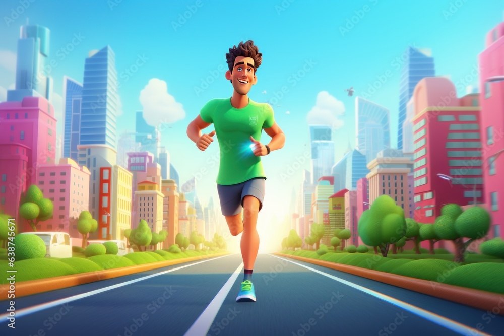 Man Running Marathon on Green City Road 3d Render, Cute Runner Running For Healthy Life Concept. Generative Ai