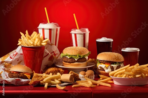 A table of junk food including hamburgers fries and a cup of soda