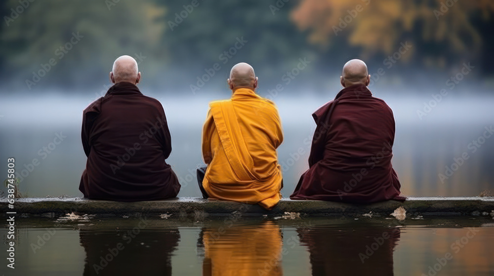 Group of Buddhist monks in meditation beside the river with beautiful nature background
