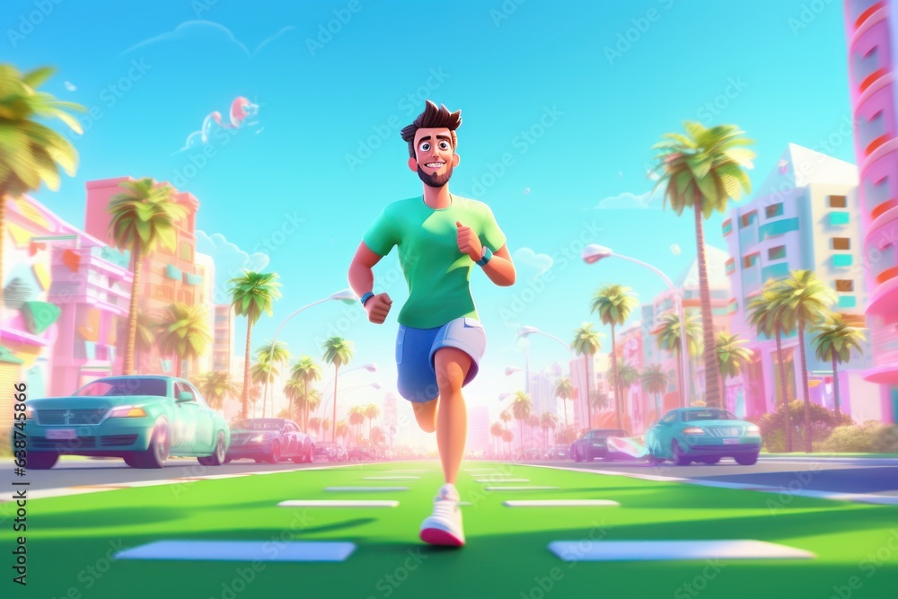 Man Running Marathon on Green City Road 3d Render, Cute Runner Running For Healthy Life Concept. Generative Ai Man Running Marathon on Green City Road 3d Render, Cute Runner Running For Healthy Life Concept. Generative Ai