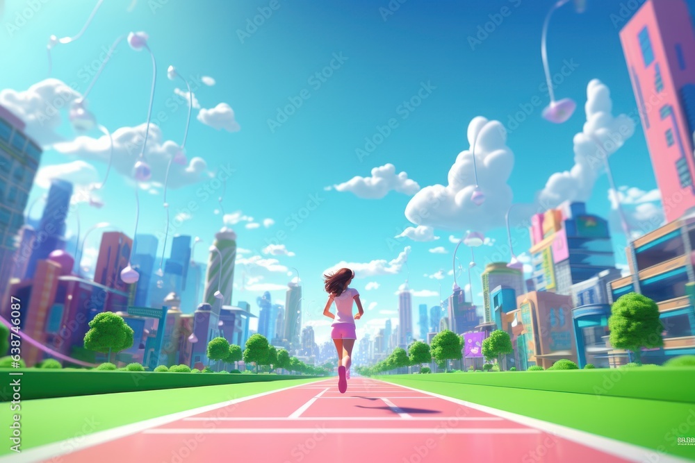 Woman Running Marathon on Green City Road 3d Render, Cute Runner Running For Healthy Life Concept. Generative Ai Woman Running Marathon on Green City Road 3d Render, Cute Runner Running For Healthy Life Concept. Generative Ai