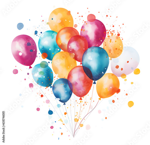 Colorful party balloons watercolor illustration isolated on white background