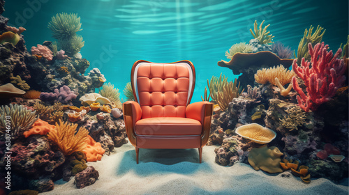 mid-century leater chair submerged underwater surround  photo