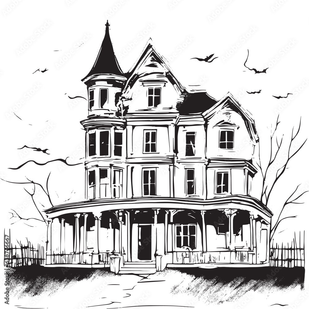 scary house silhouette sketch. Mystical house with monsters and ghosts for Halloween. creepy house. Vector illustration for the store. The tattoo is isolated on a white background.